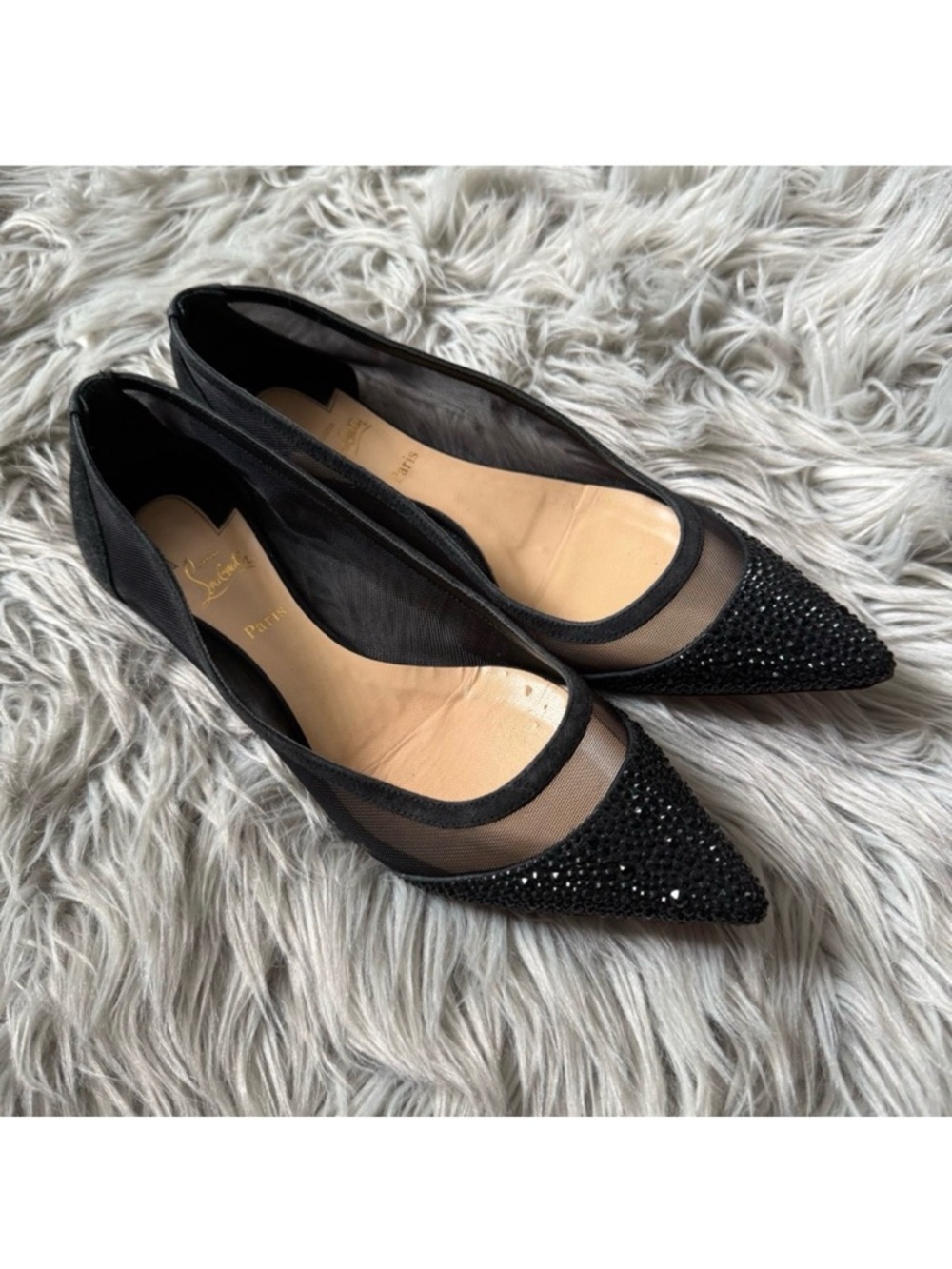 CHRISTIAN LOUBOUTIN Black Mesh Suede Galativi Strass Crystal Pointed-Toe Flats
